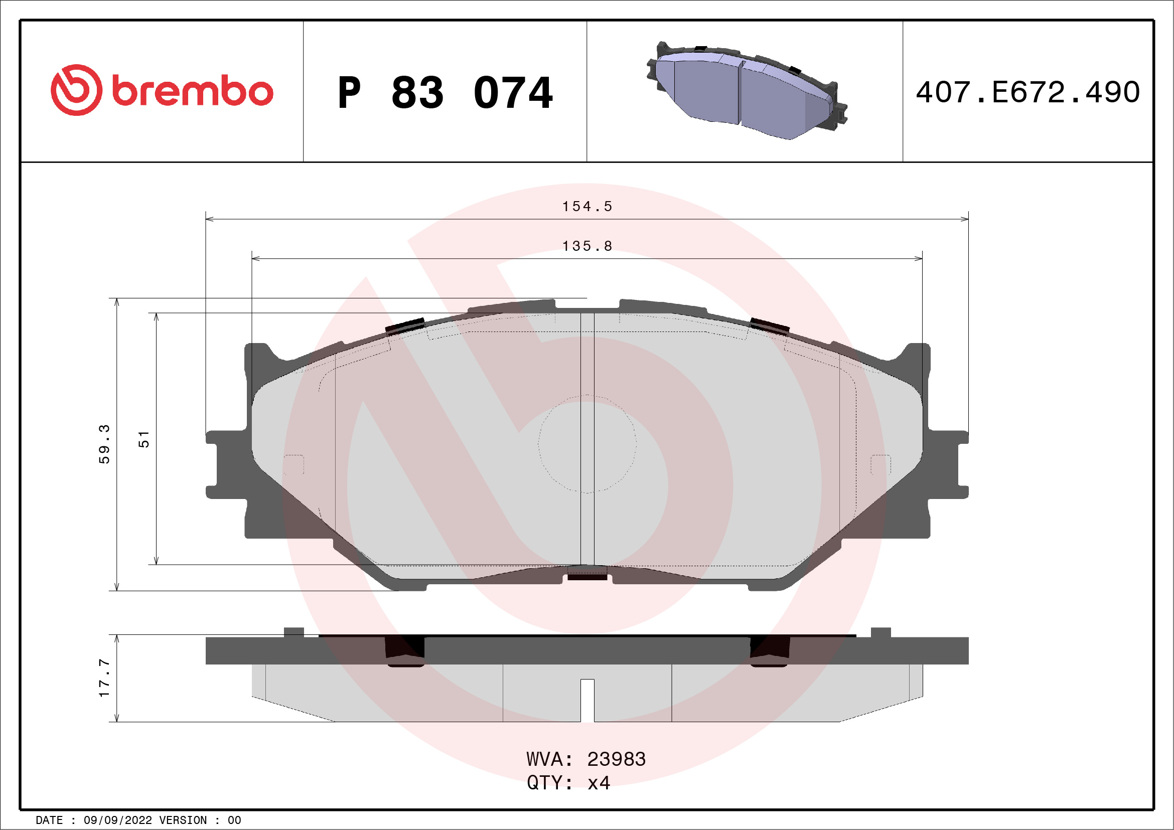 A.B.S. P 83 074 BREMBO Bremsbelagsatz, Scheibenbremse